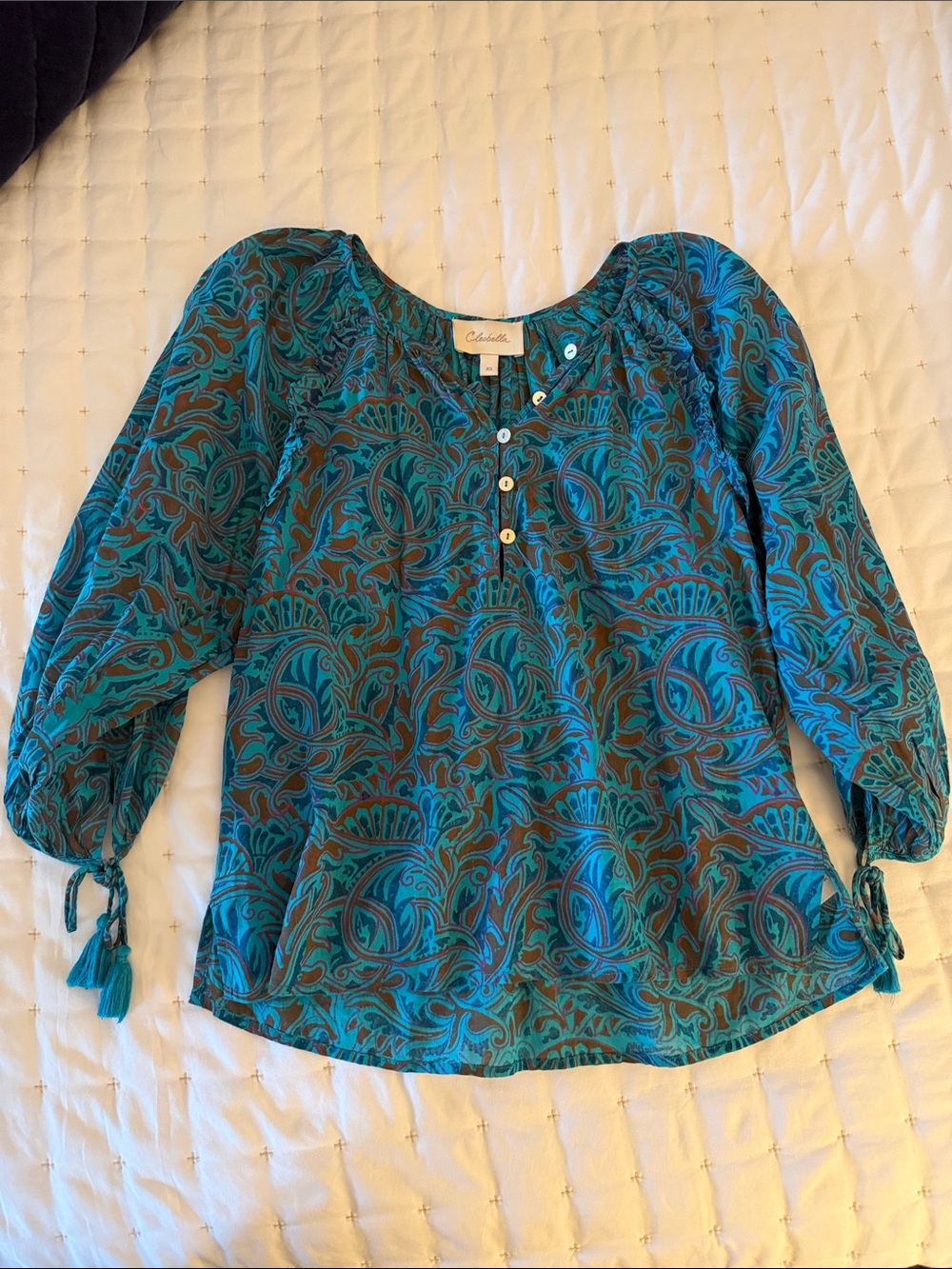 Cleobella Teal & Brown Paisley Peasant Blouse